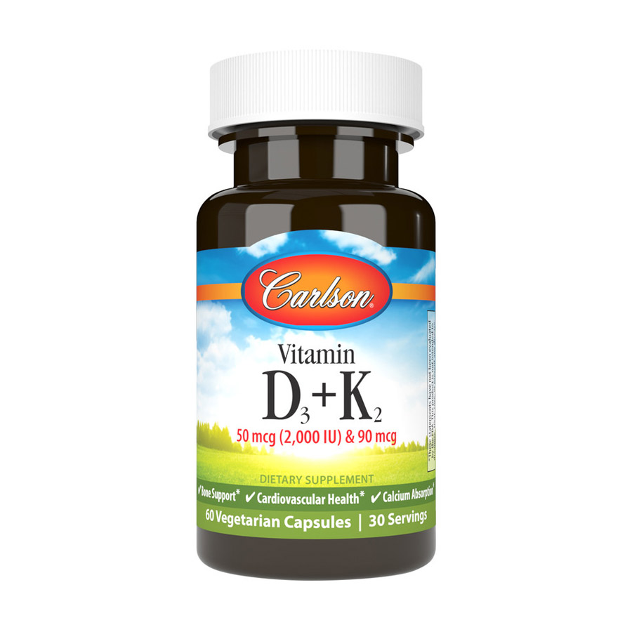 Вітаміни Д3 та К2 Carlson Labs Vitamin D3+K2, 50 мкг і 90 мкг, 60 вегетаріанських капсул